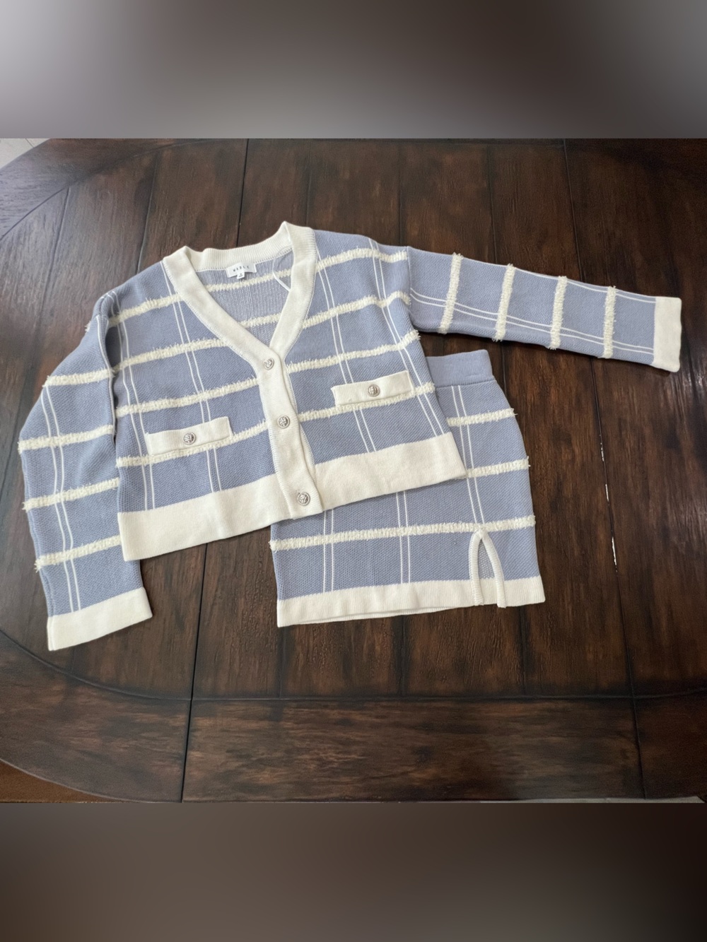Mable 2pc Knit Cardigan & Mini Skirt Set Dusty Blue/White Striped Buttons Small